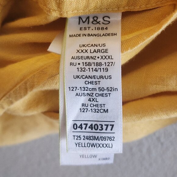 M&S Collection Linen Shirt Mens 3XL Yellow Short Sleeve Button Up Casual Pocket - Picture 4 of 10